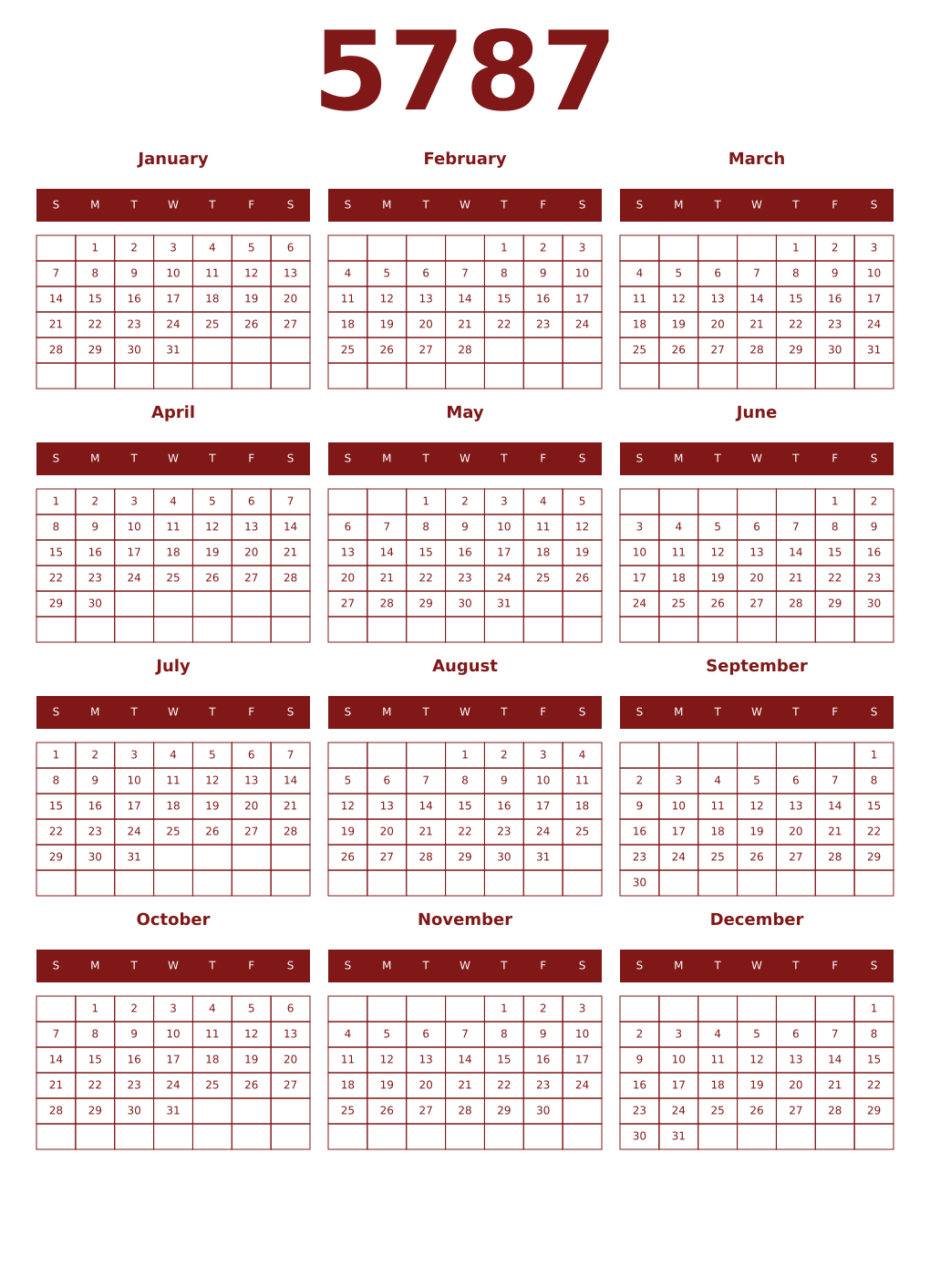 Printable 5787 Year Calendars falu