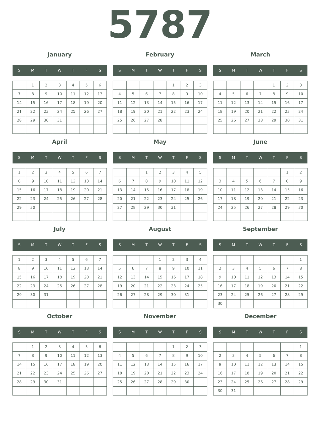 Printable 5787 Year Calendars feldgrau
