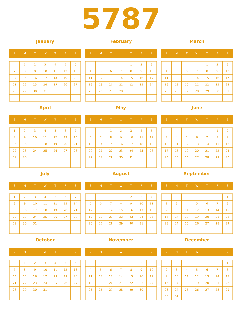 Printable 5787 Year Calendars gamboge