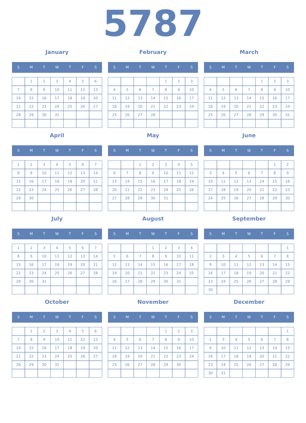 Printable 5787 Year Calendars glaucous