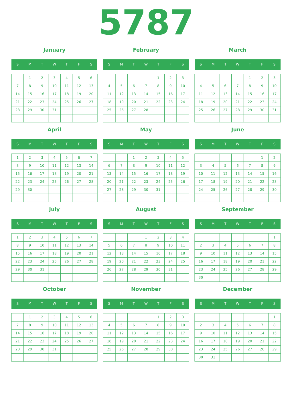 Printable 5787 Year Calendars green