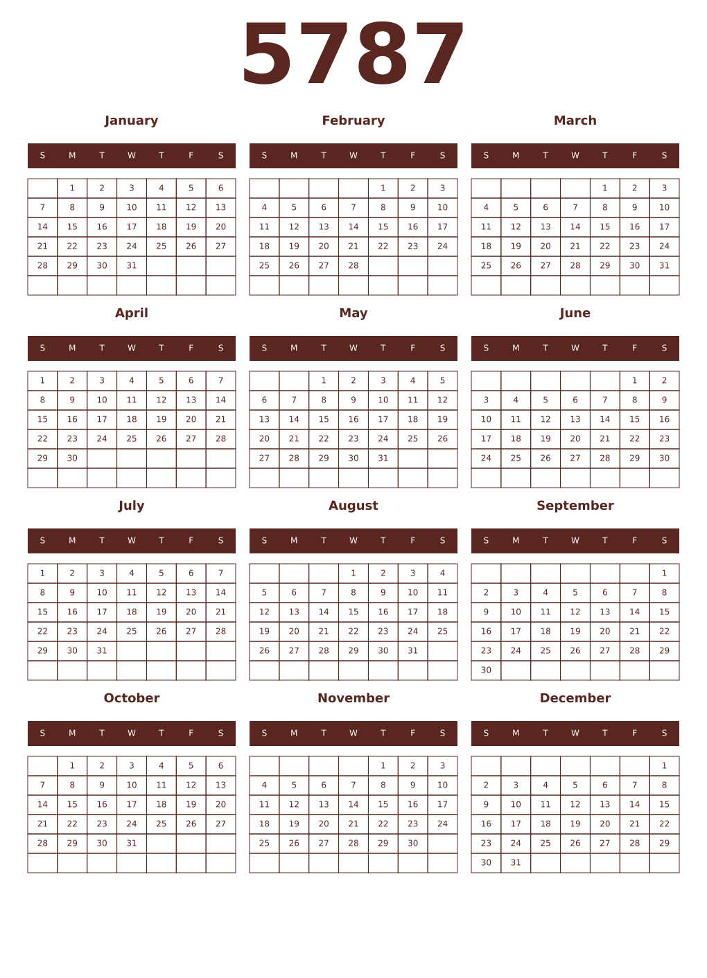 Printable 5787 Year Calendars mortuum