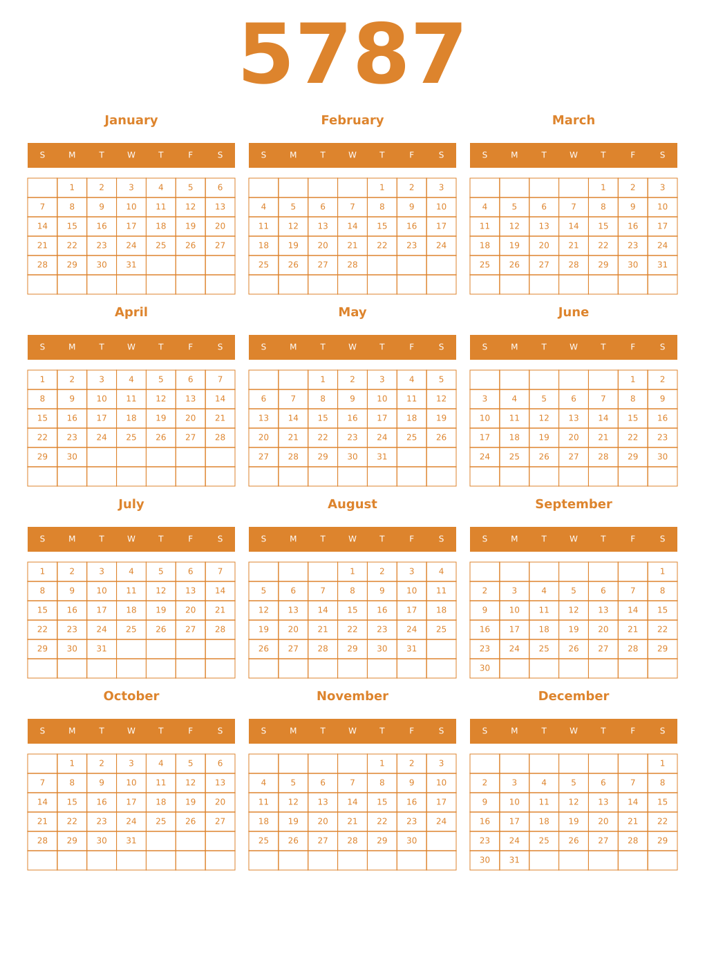 Printable 5787 Year Calendars orange