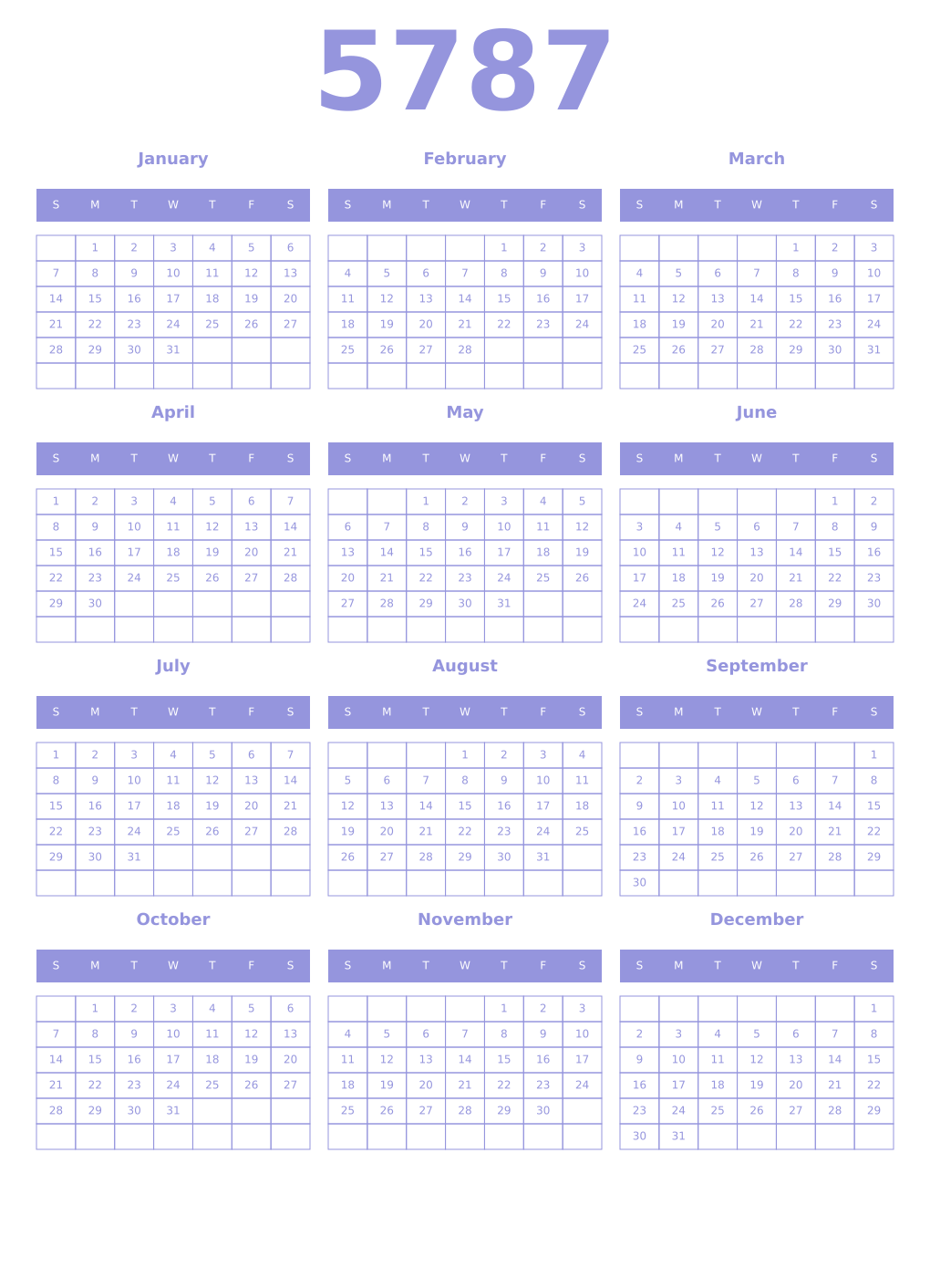 Printable 5787 Year Calendars periwinkle
