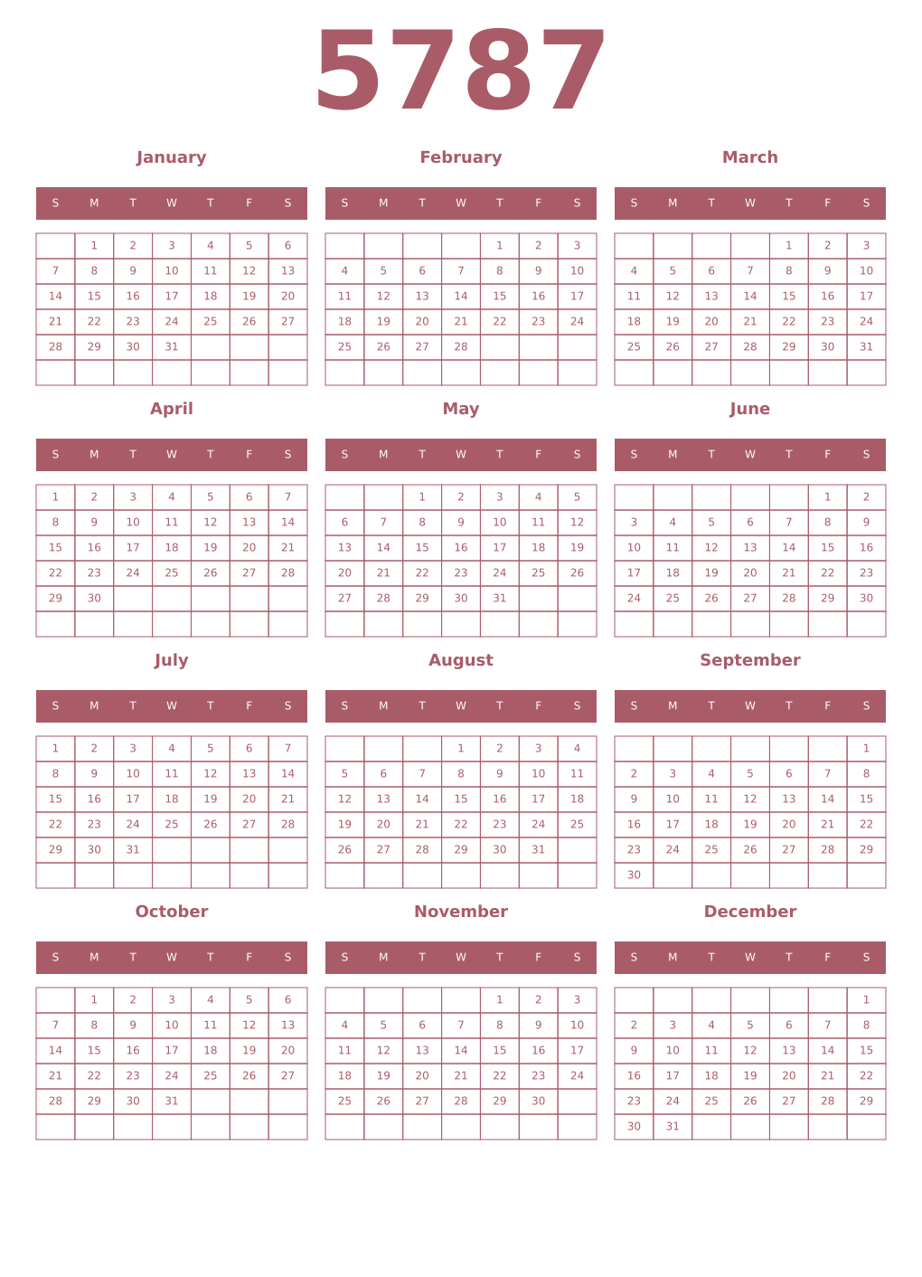 Printable 5787 Year Calendars puce