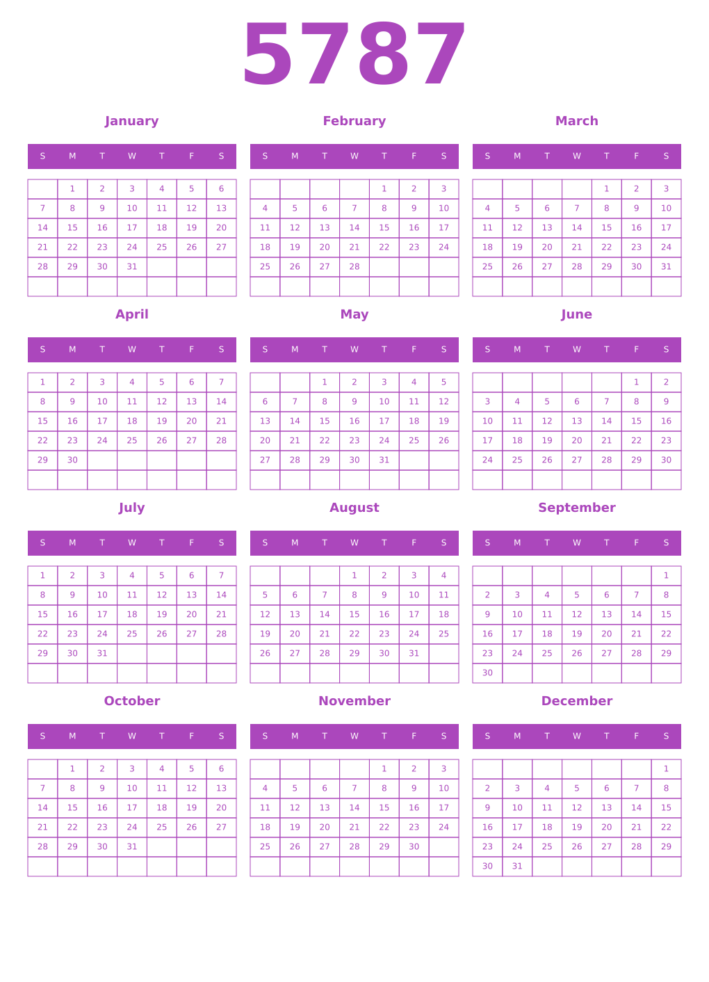 Printable 5787 Year Calendars purple