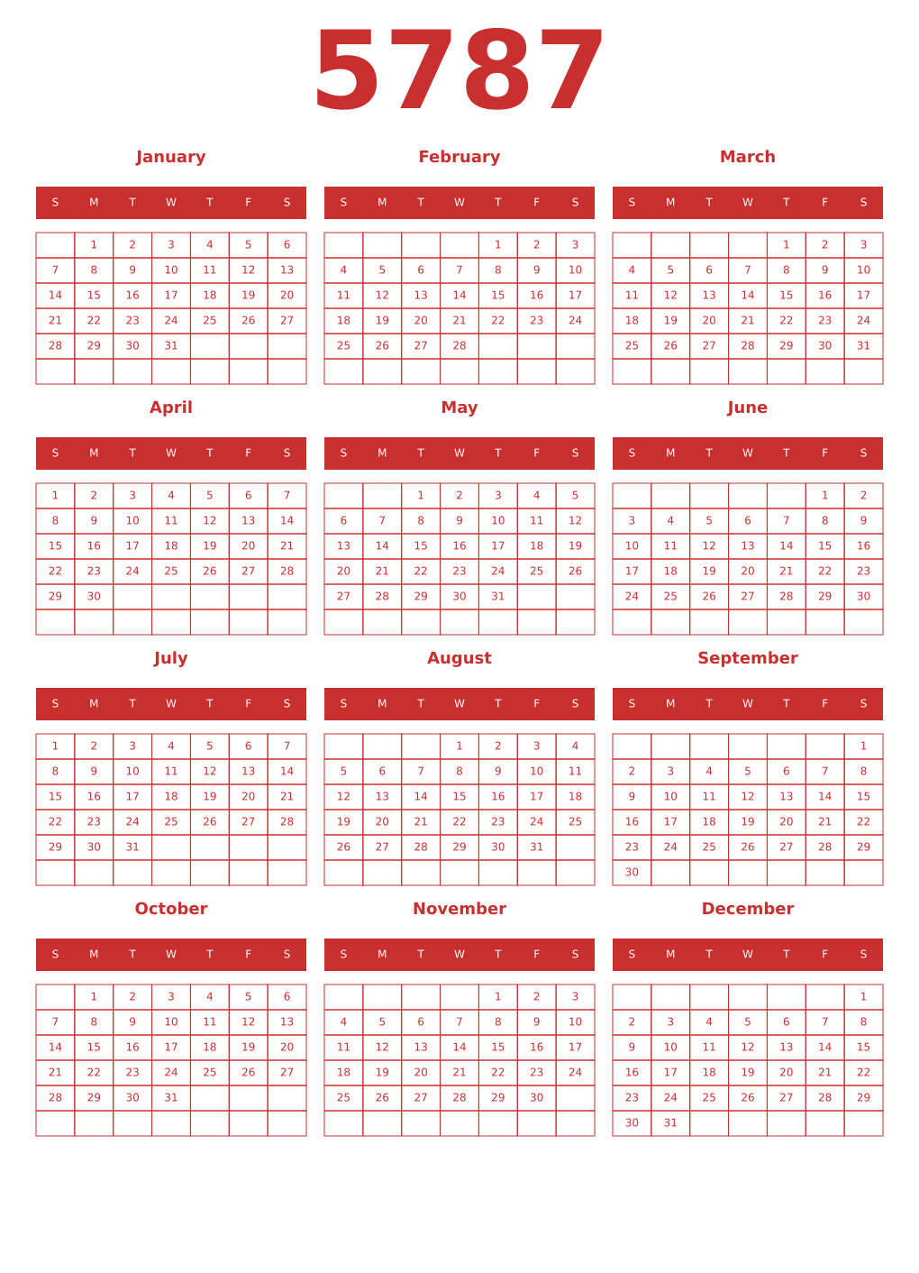 Printable 5787 Year Calendars red