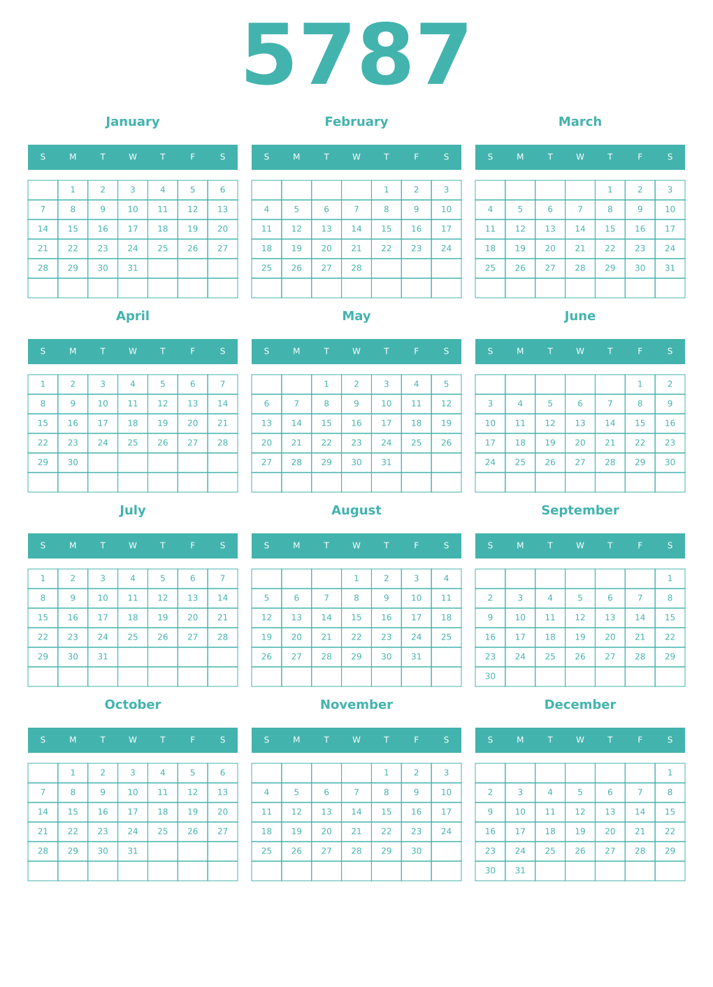 Printable 5787 Year Calendars verdigris