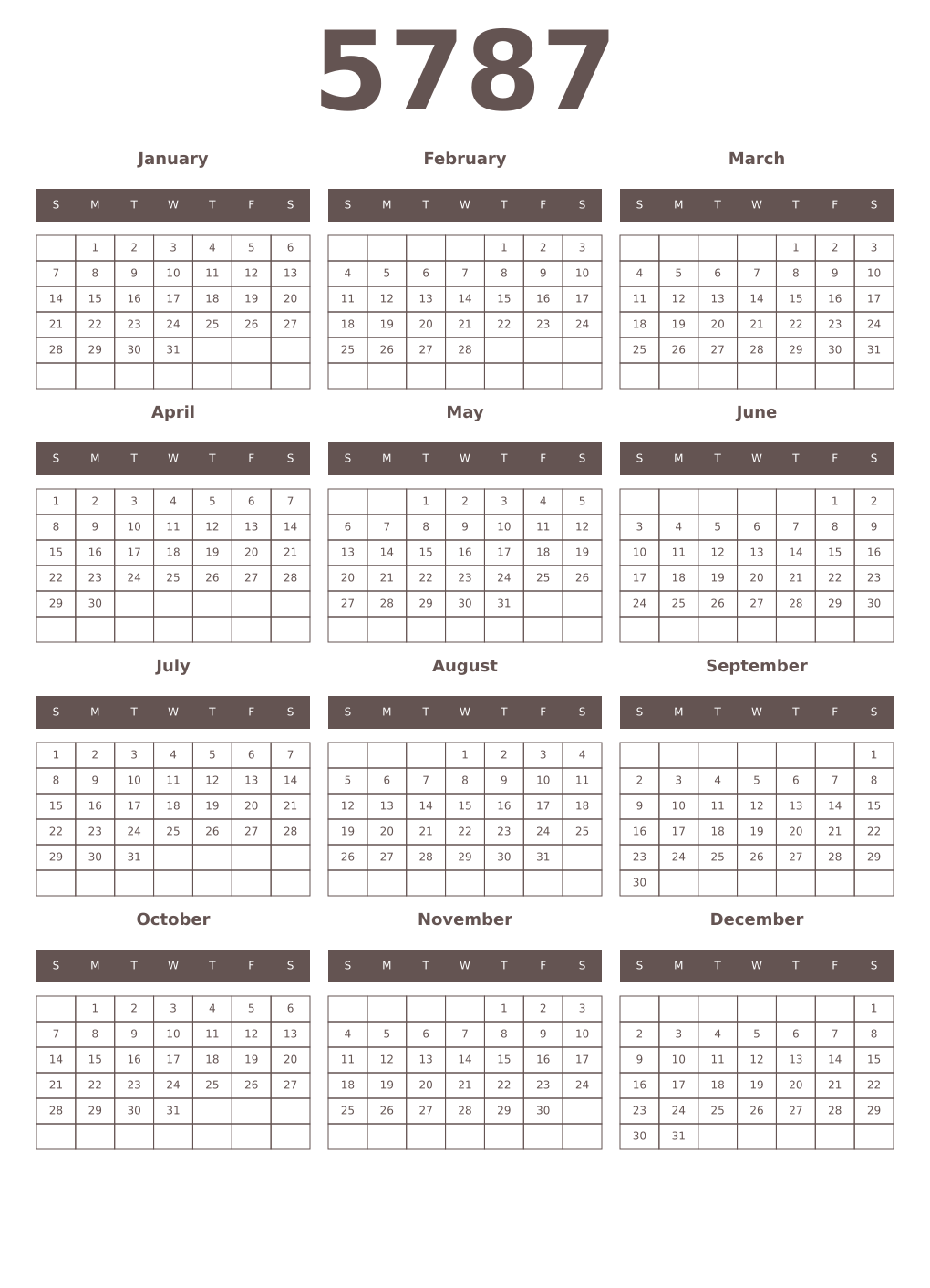 Printable 5787 Year Calendars wenge
