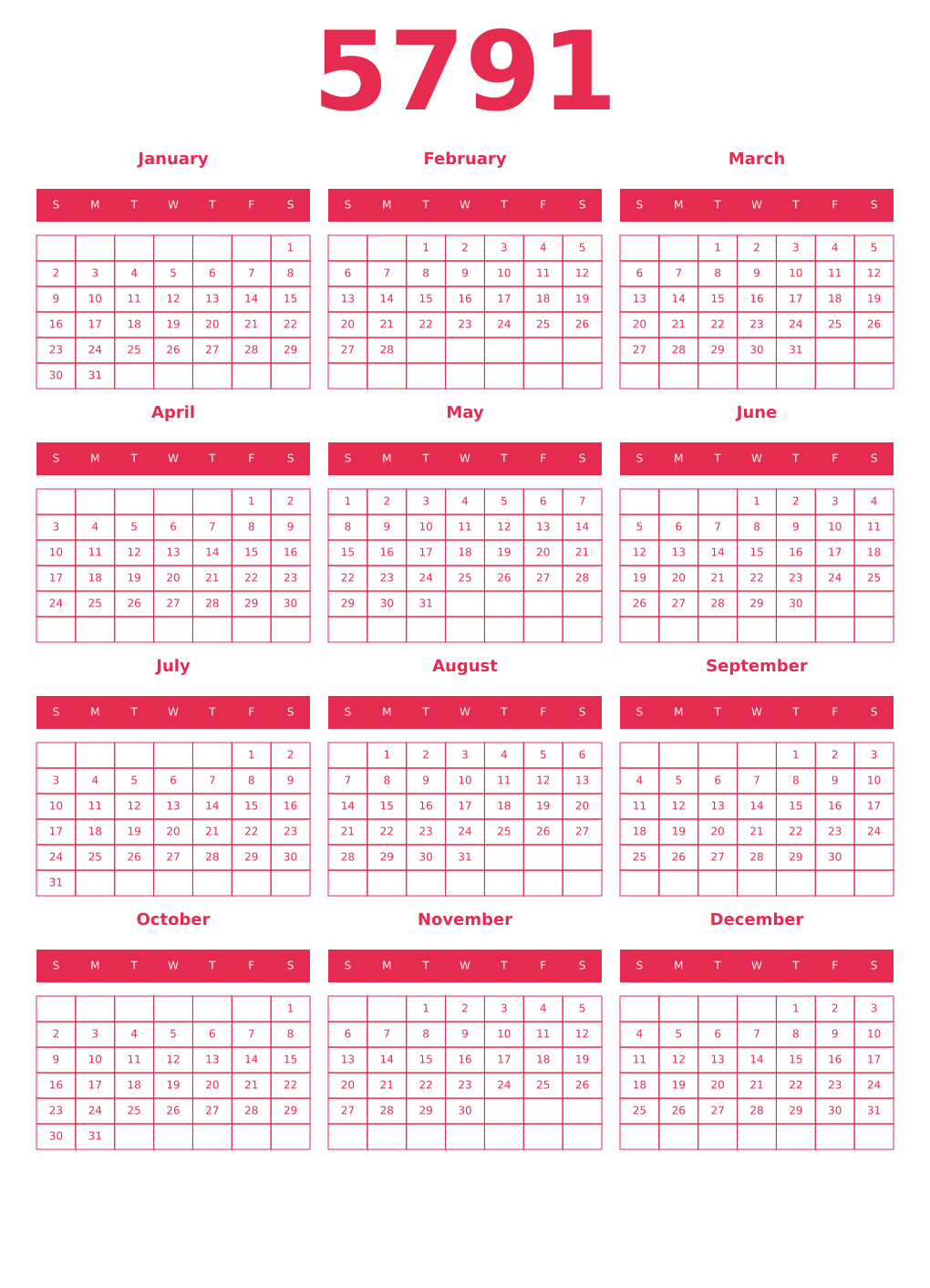 Printable 5791 Year Calendars amaranth