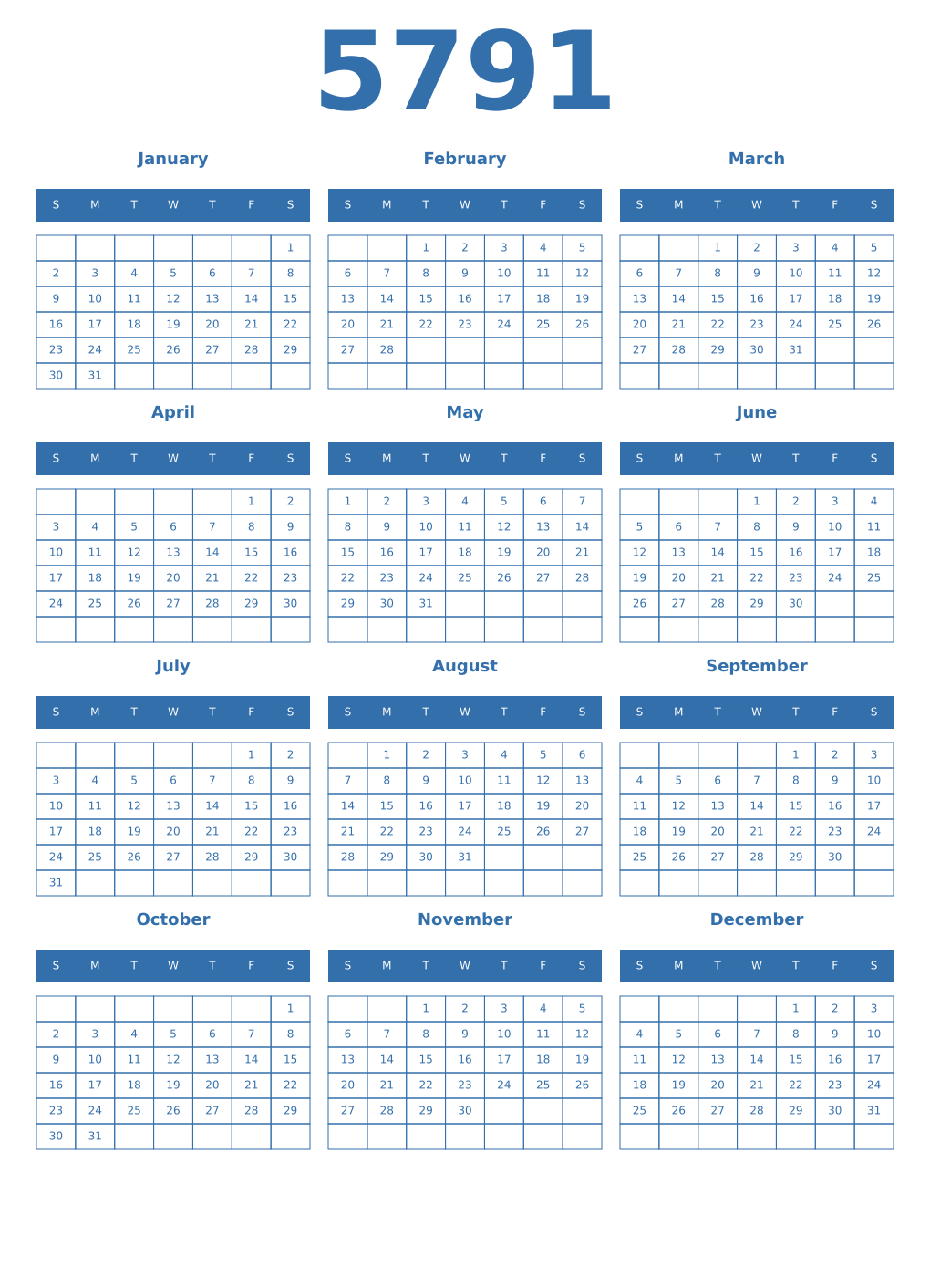 Printable 5791 Year Calendars blue