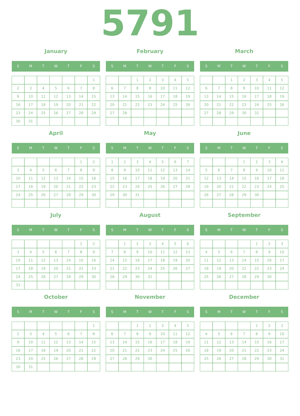Printable 5791 Year Calendars celadon