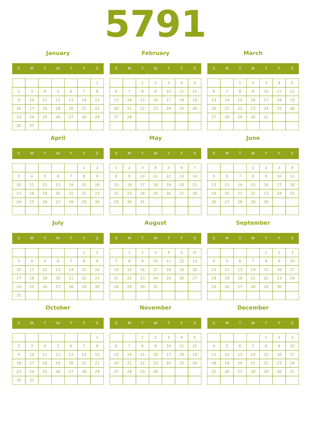 Printable 5791 Year Calendars chartreuse