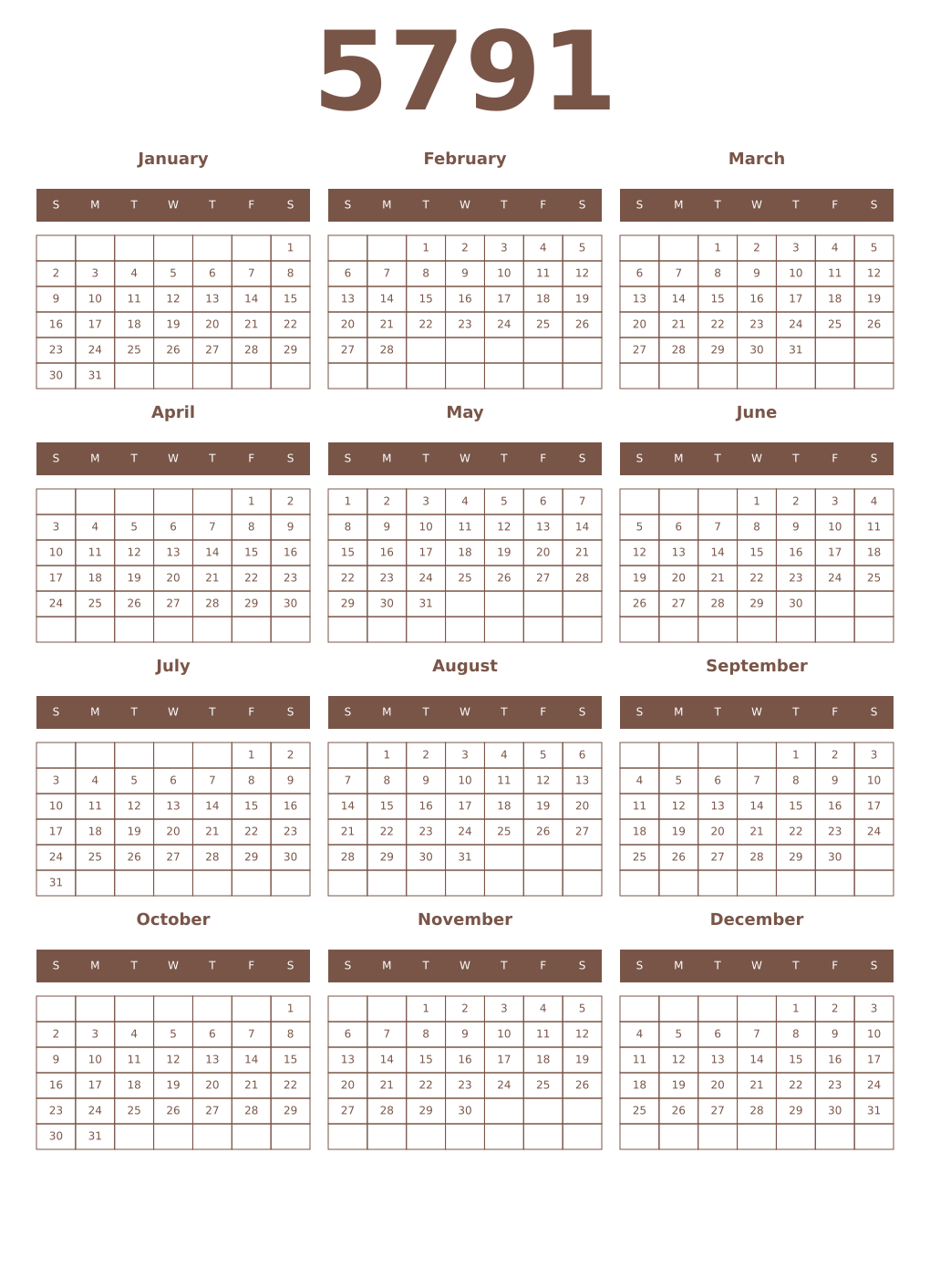 Printable 5791 Year Calendars coffe
