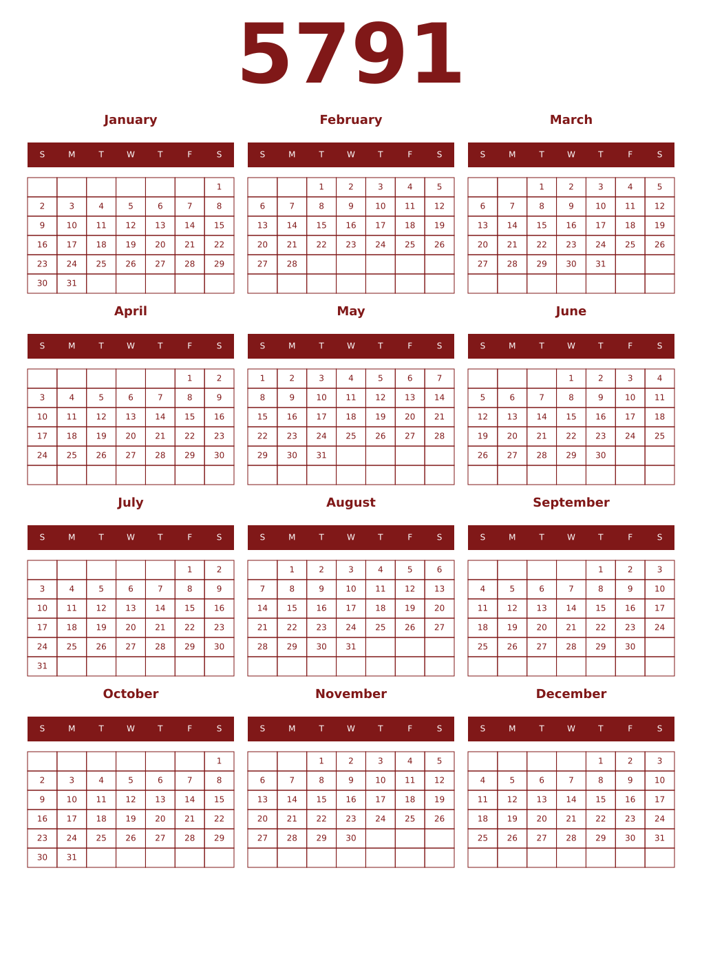 Printable 5791 Year Calendars falu