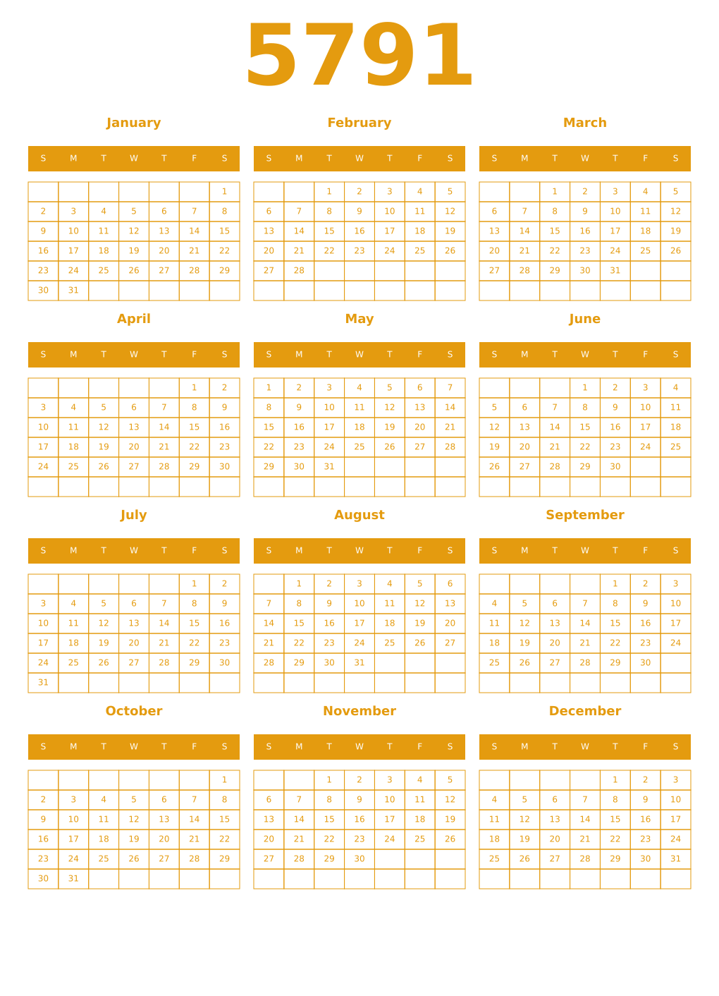 Printable 5791 Year Calendars gamboge