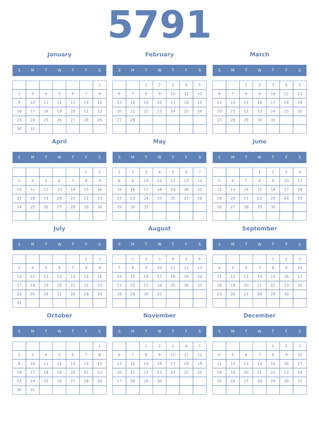 Printable 5791 Year Calendars glaucous