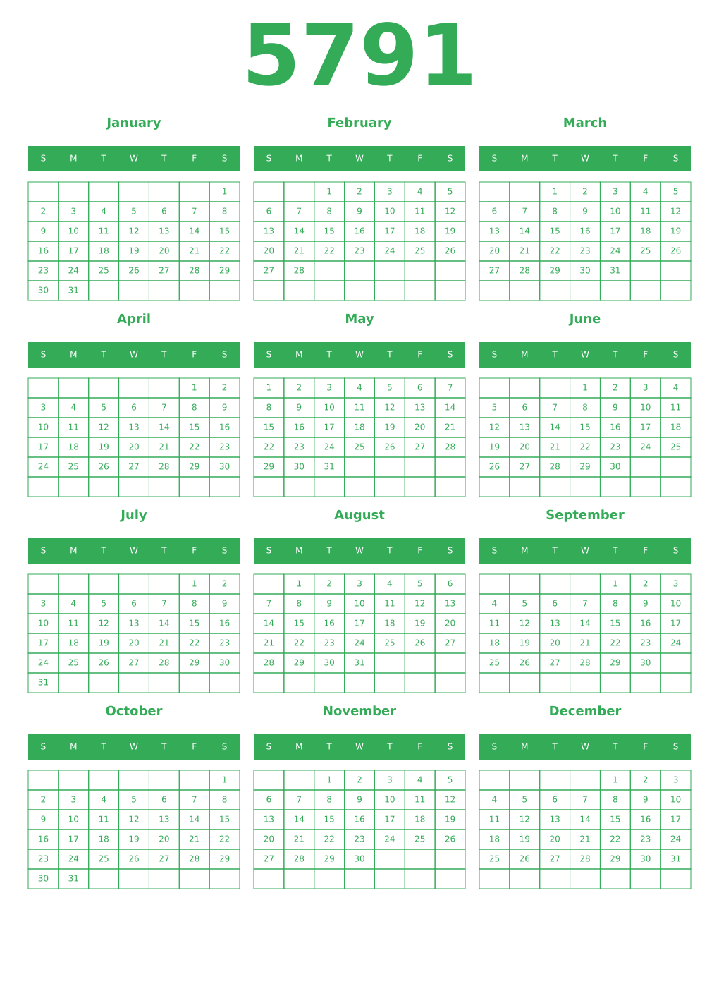 Printable 5791 Year Calendars green