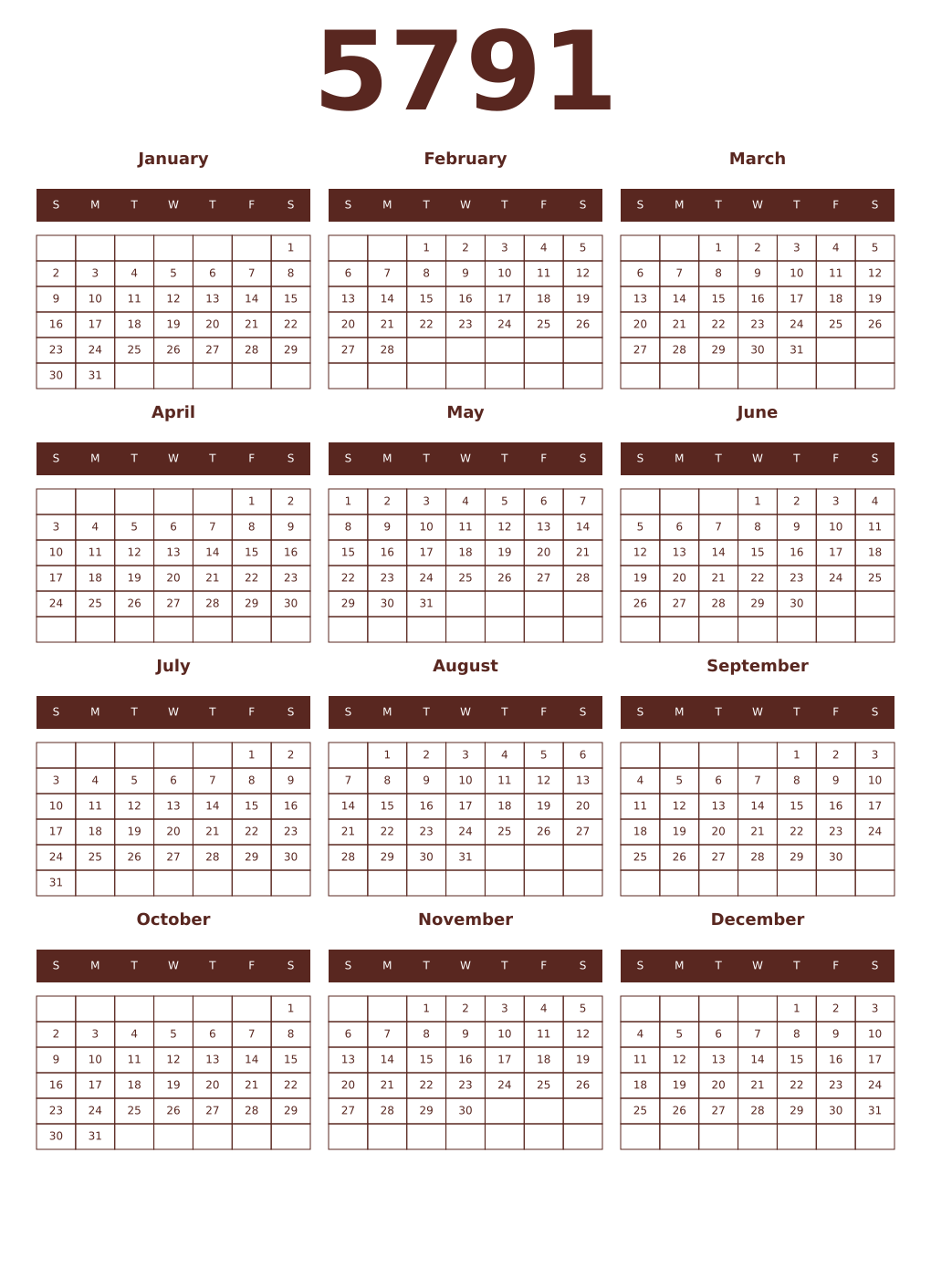 Printable 5791 Year Calendars mortuum