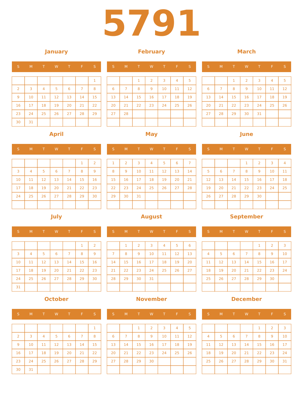 Printable 5791 Year Calendars orange