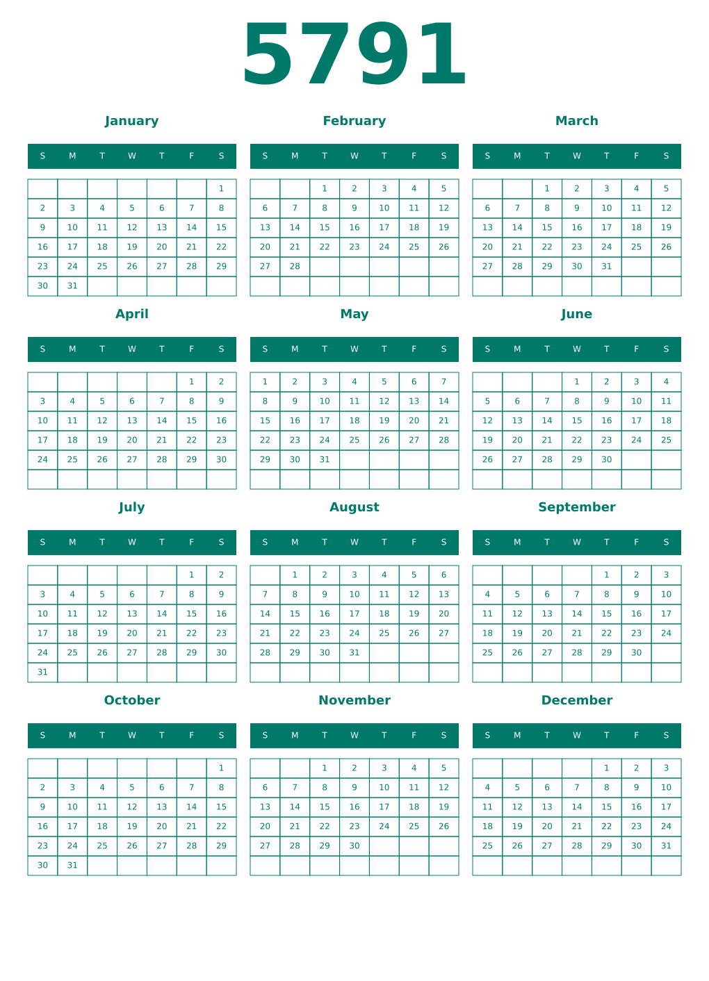 Printable 5791 Year Calendars pastel