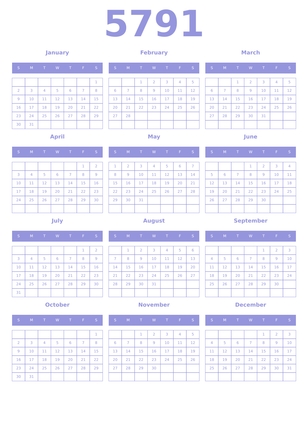 Printable 5791 Year Calendars periwinkle