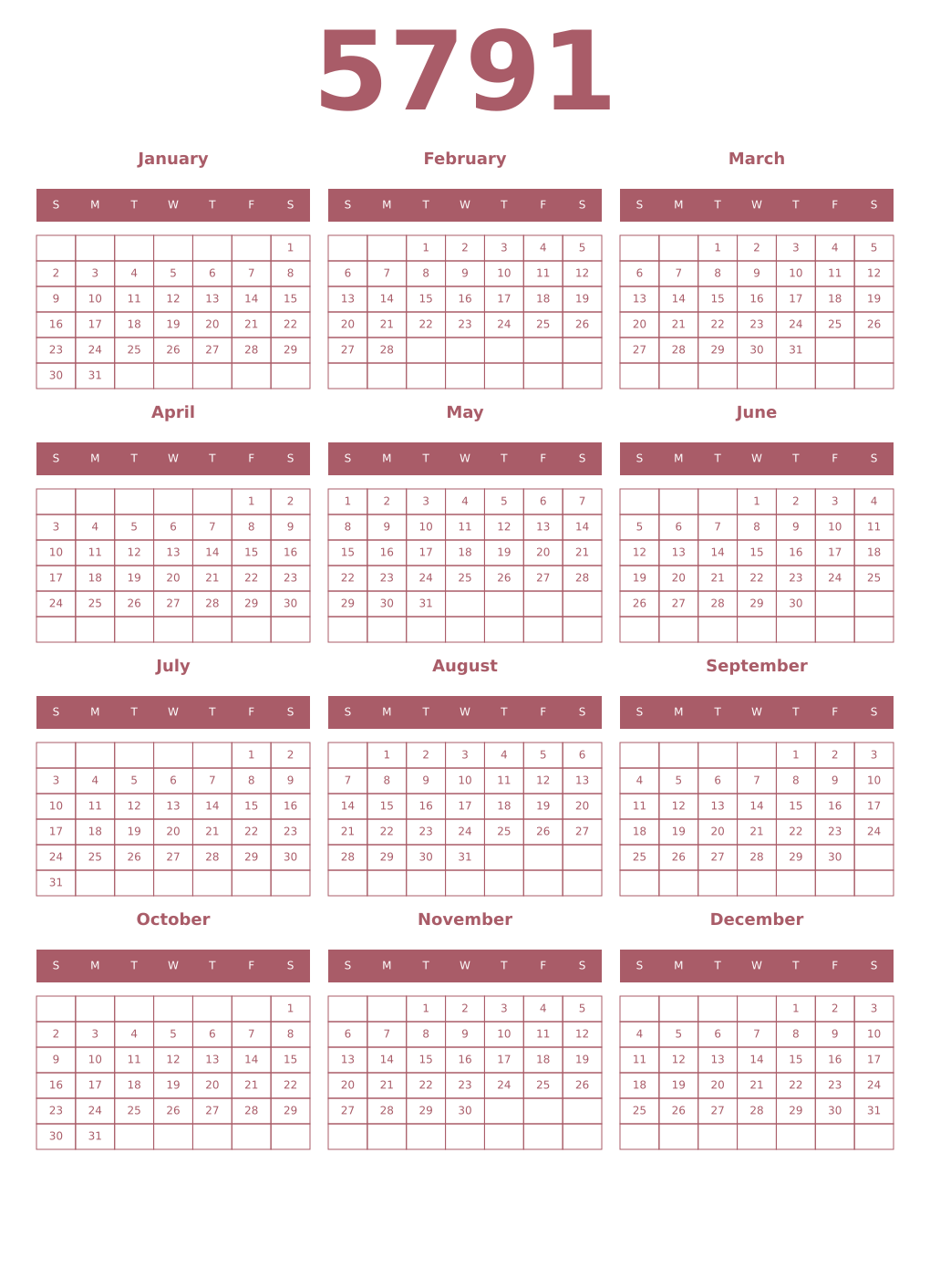 Printable 5791 Year Calendars puce