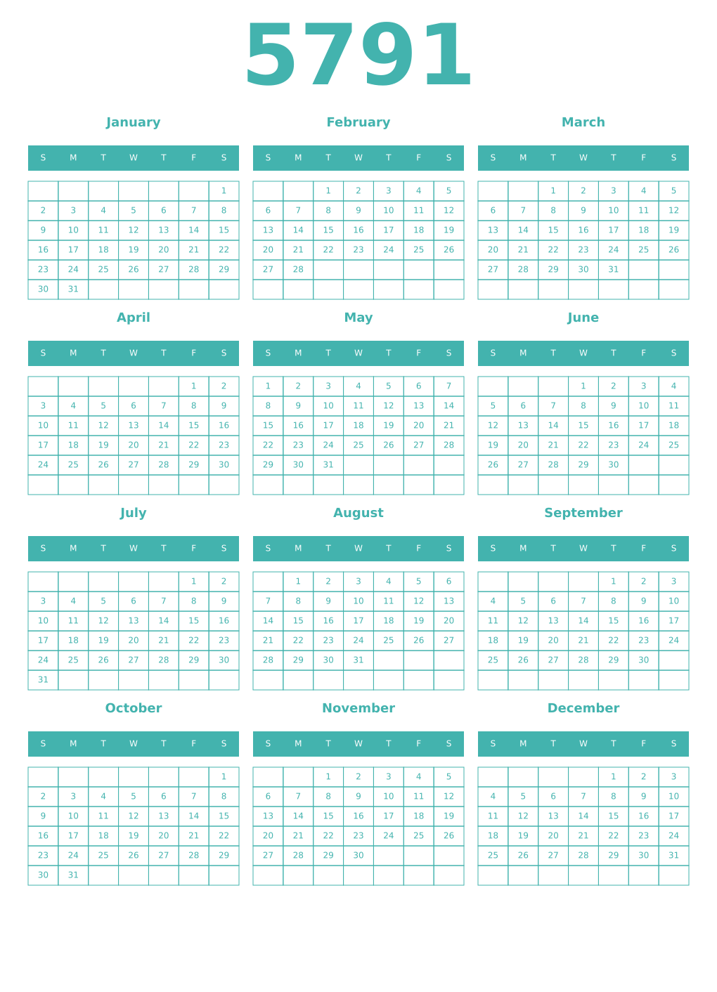 Printable 5791 Year Calendars verdigris