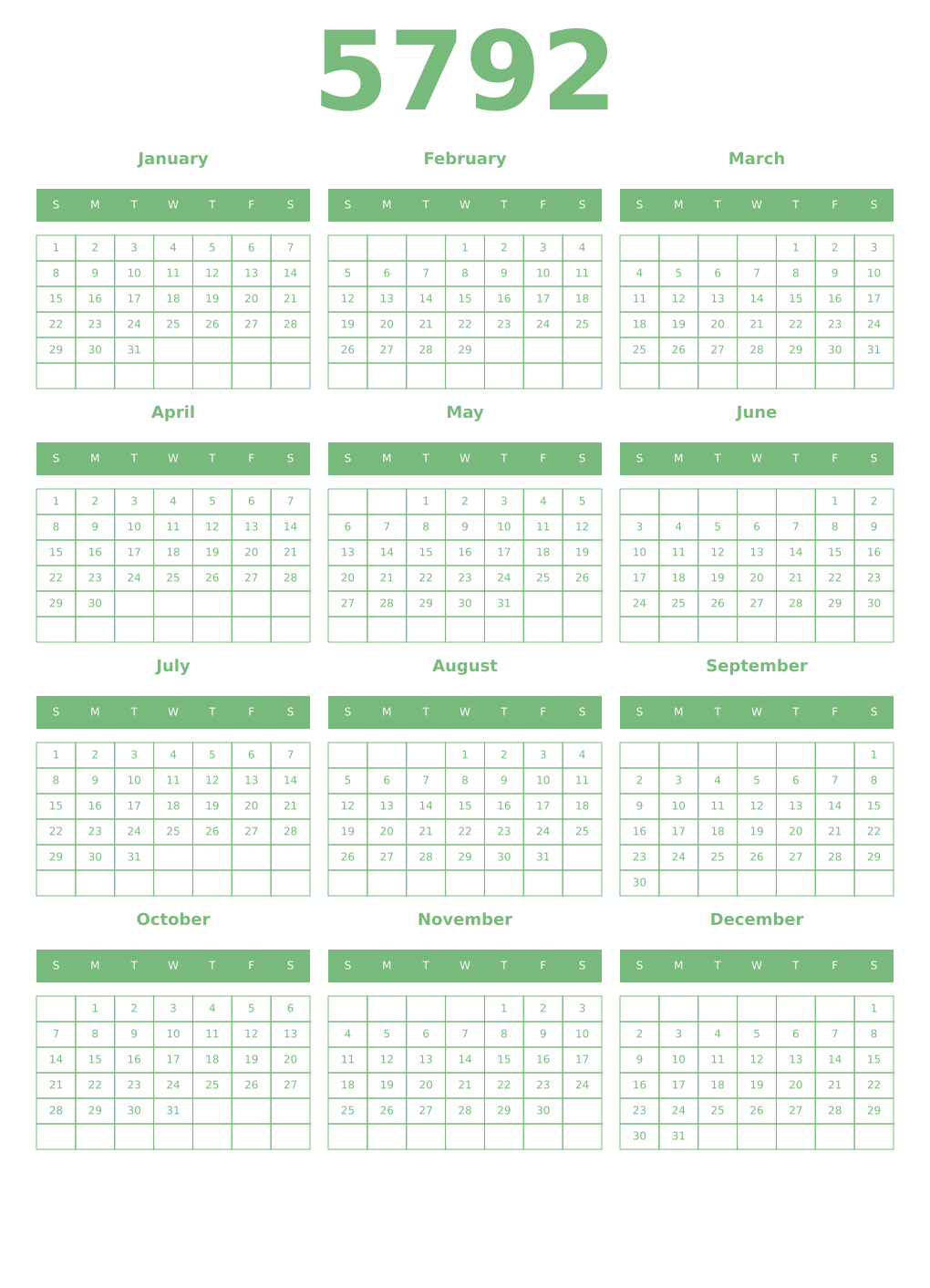 Printable 5792 Year Calendars celadon