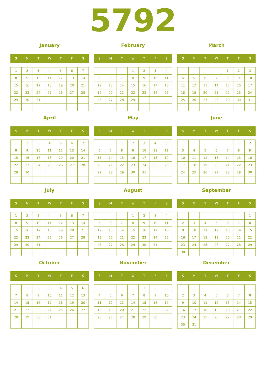 Printable 5792 Year Calendars chartreuse