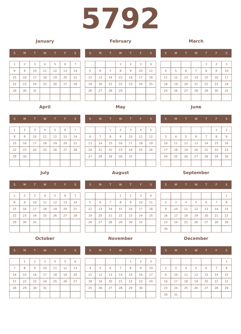Printable 5792 Year Calendars coffe