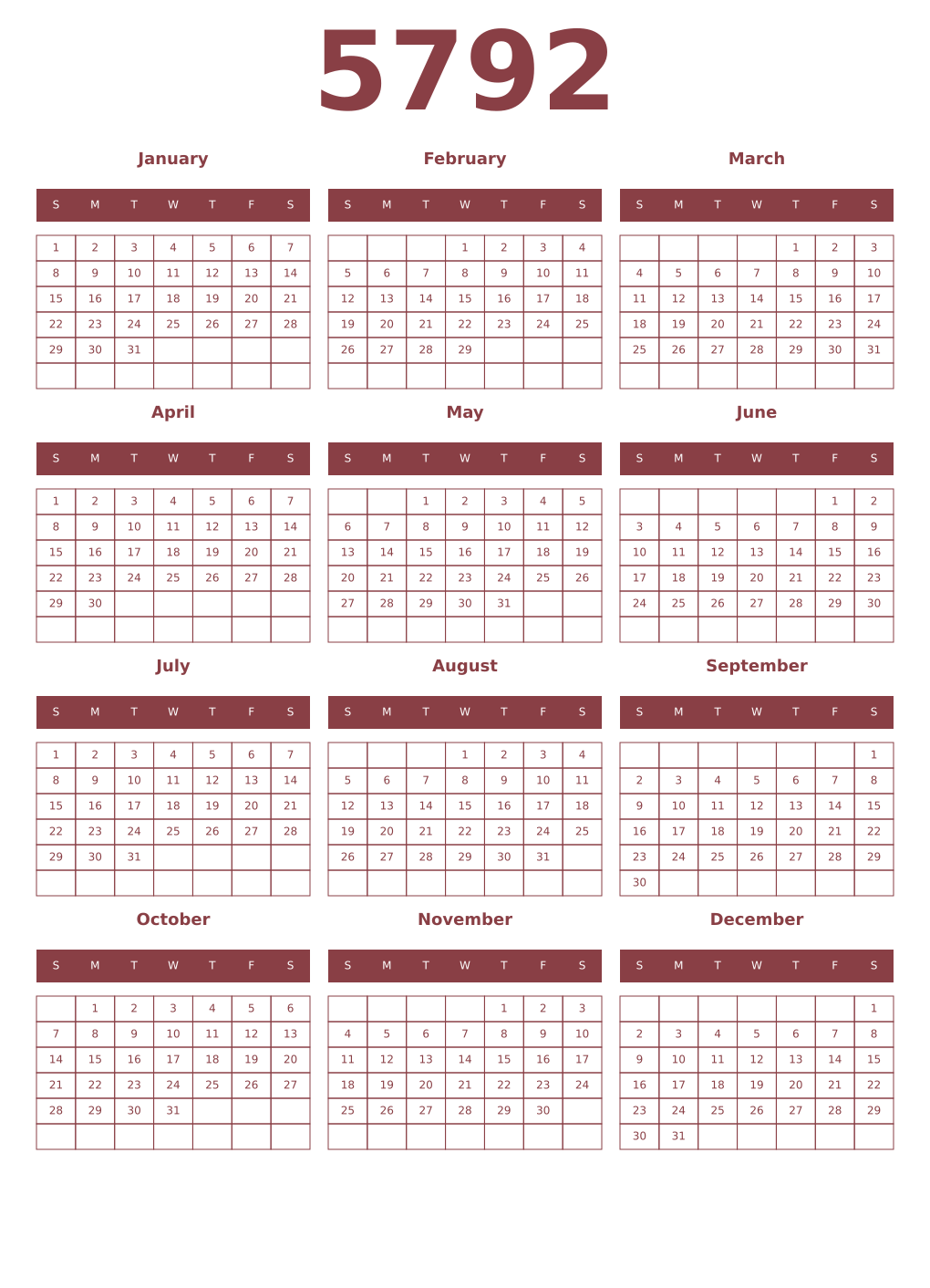 Printable 5792 Year Calendars cordovan