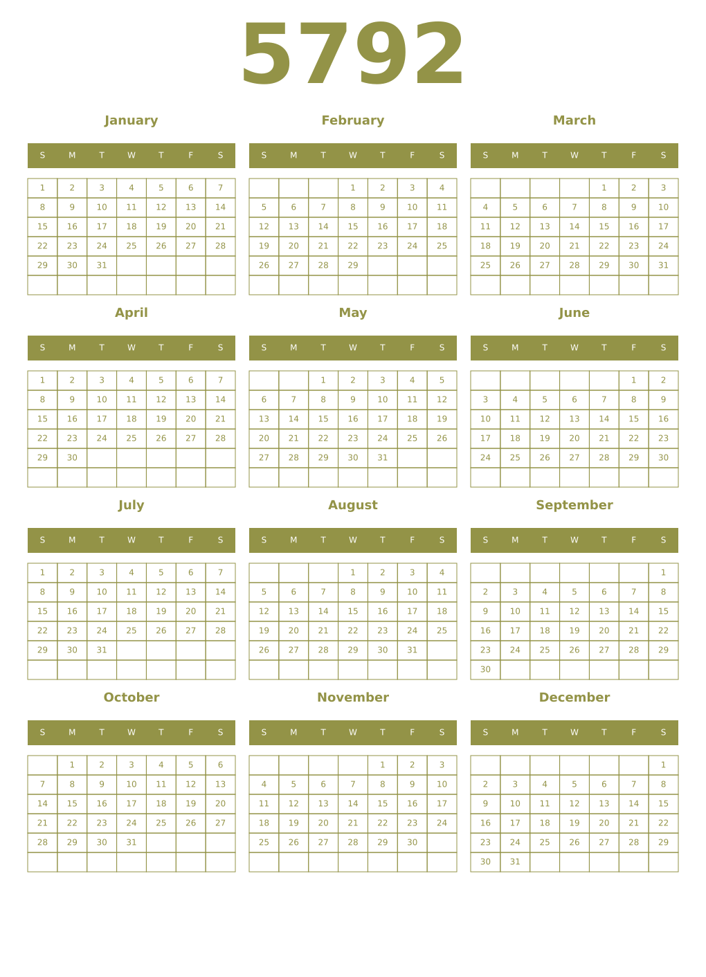 Printable 5792 Year Calendars eburnean