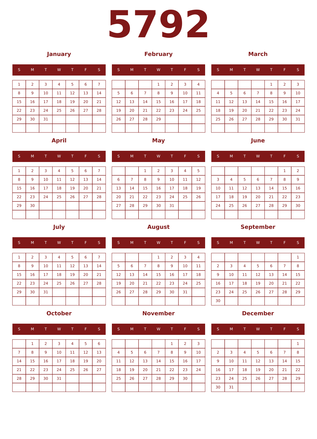 Printable 5792 Year Calendars falu