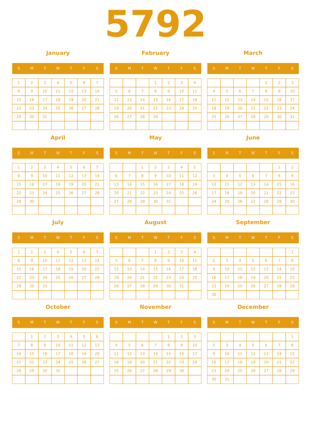 Printable 5792 Year Calendars gamboge
