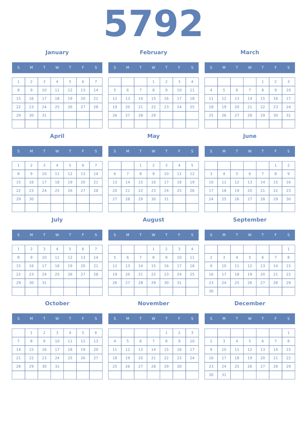 Printable 5792 Year Calendars glaucous