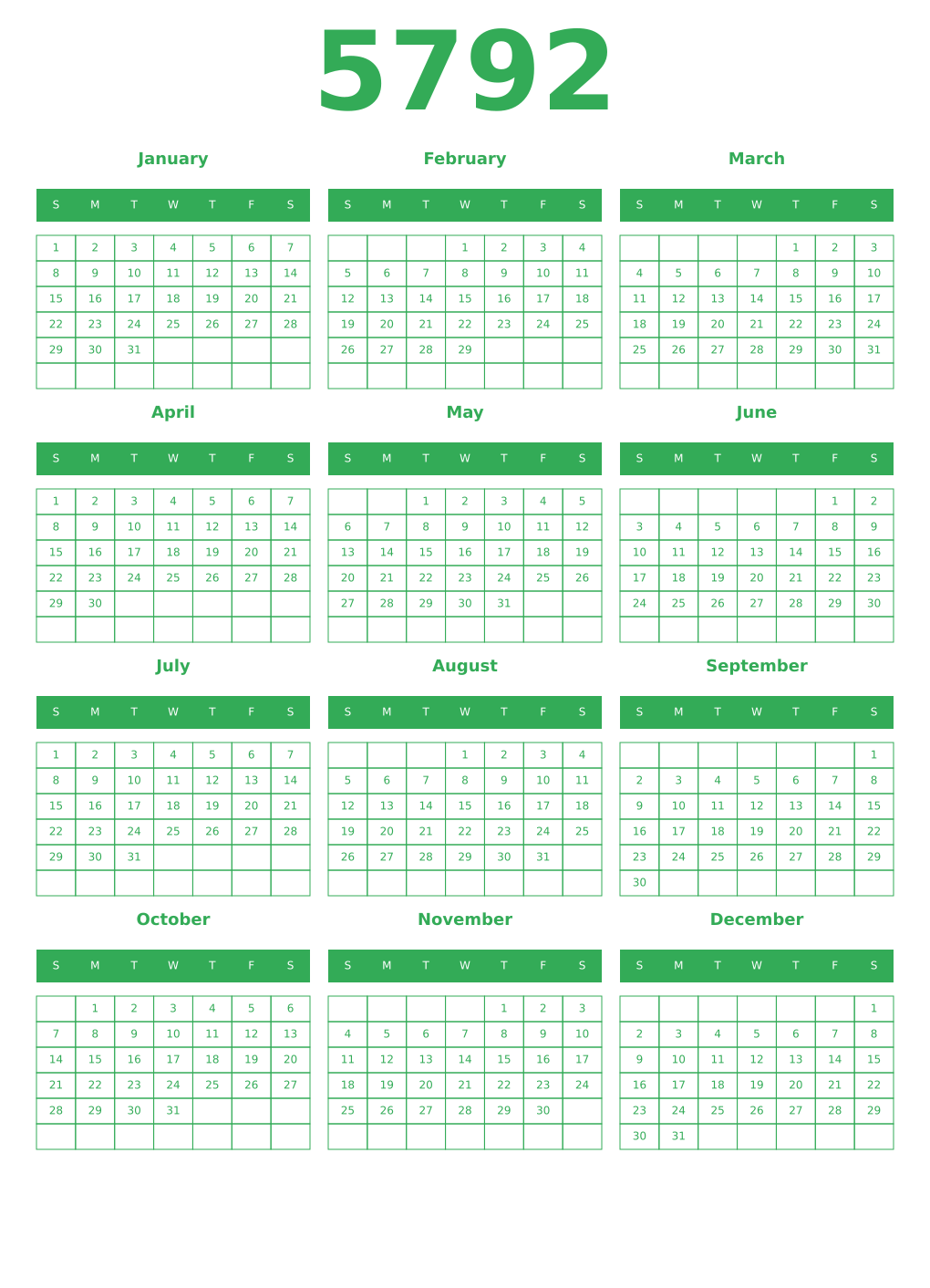 Printable 5792 Year Calendars green