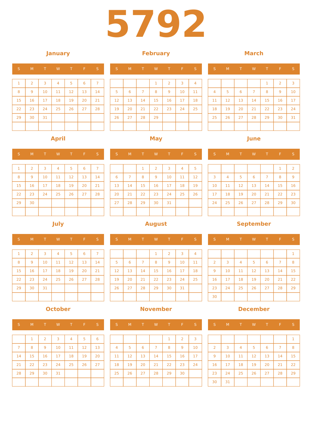 Printable 5792 Year Calendars orange