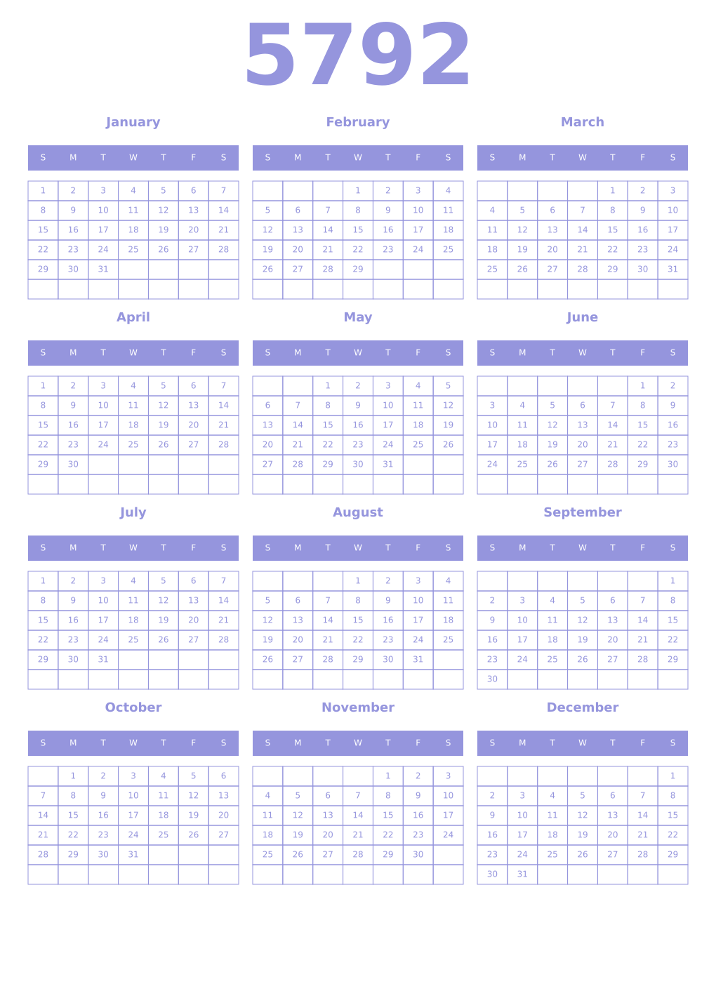 Printable 5792 Year Calendars periwinkle