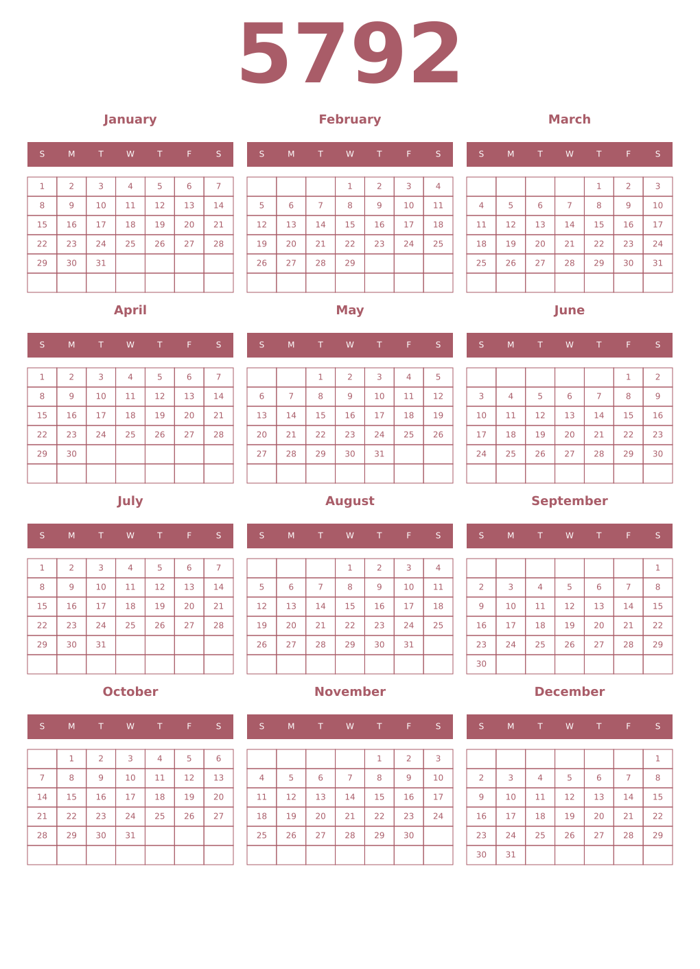 Printable 5792 Year Calendars puce