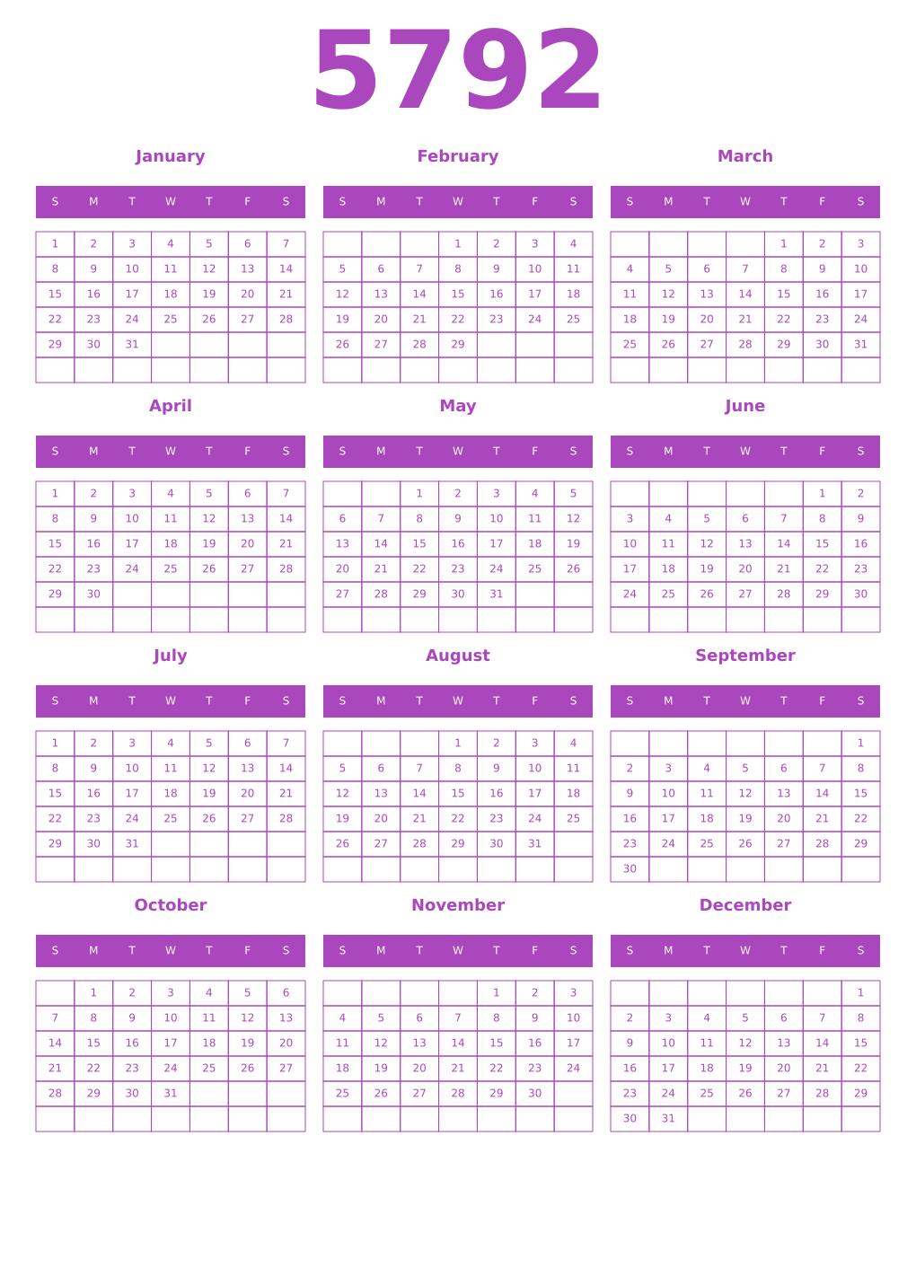Printable 5792 Year Calendars purple