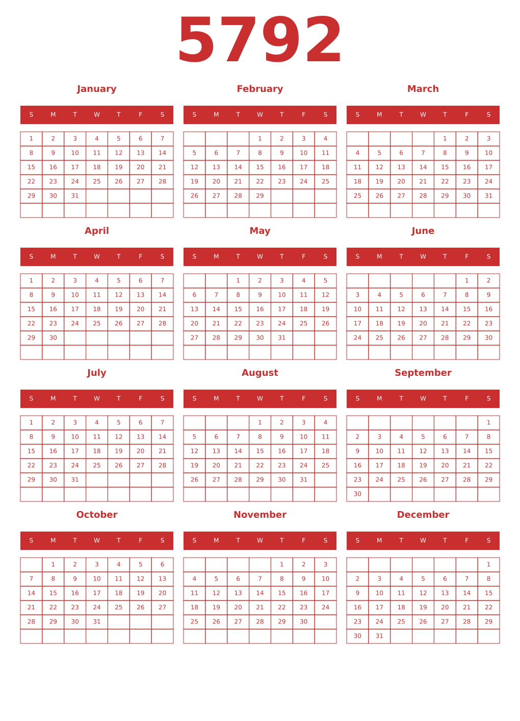 Printable 5792 Year Calendars red