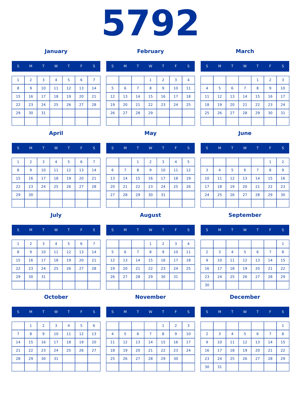 Printable 5792 Year Calendars smalt