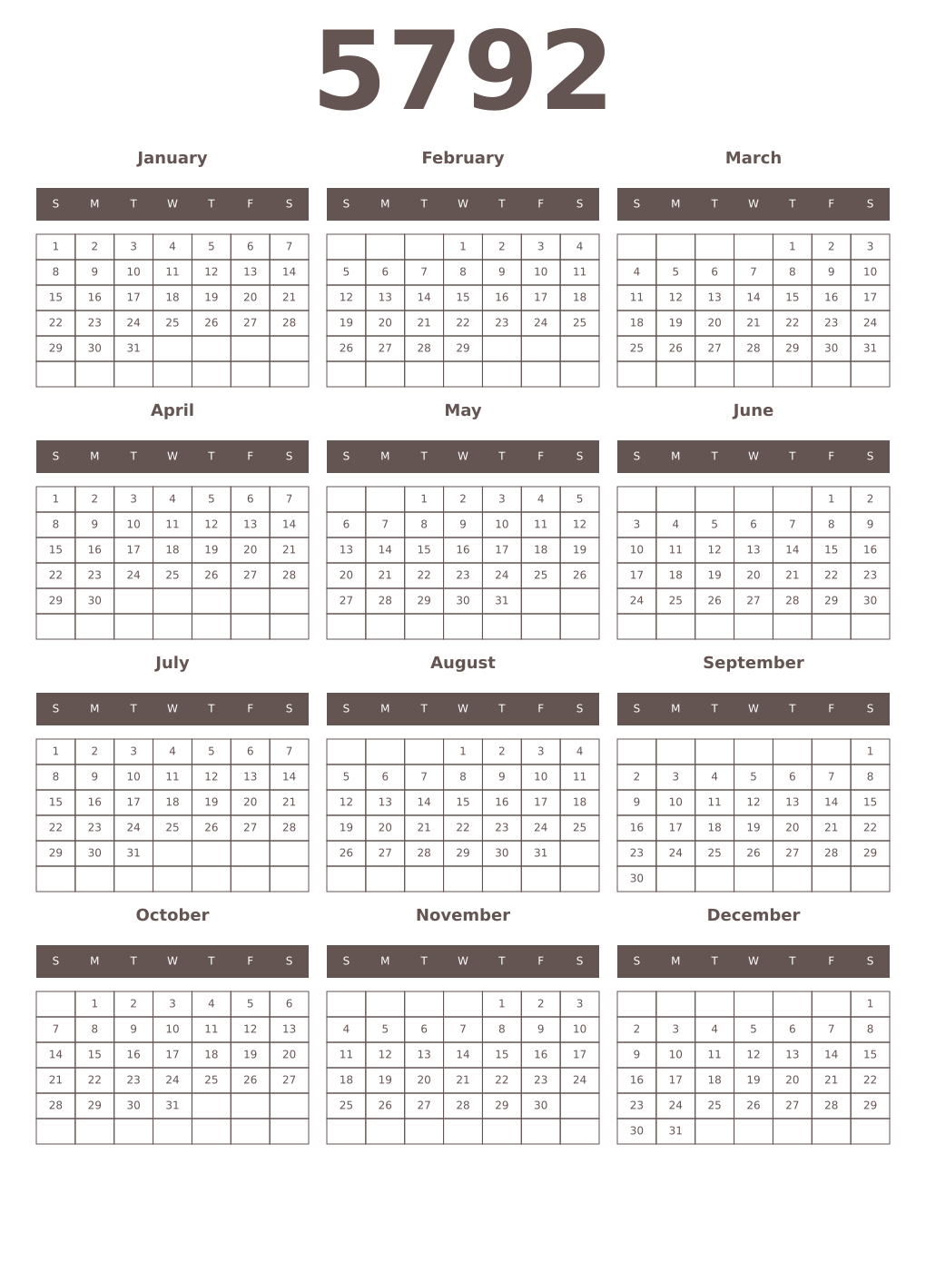 Printable 5792 Year Calendars wenge