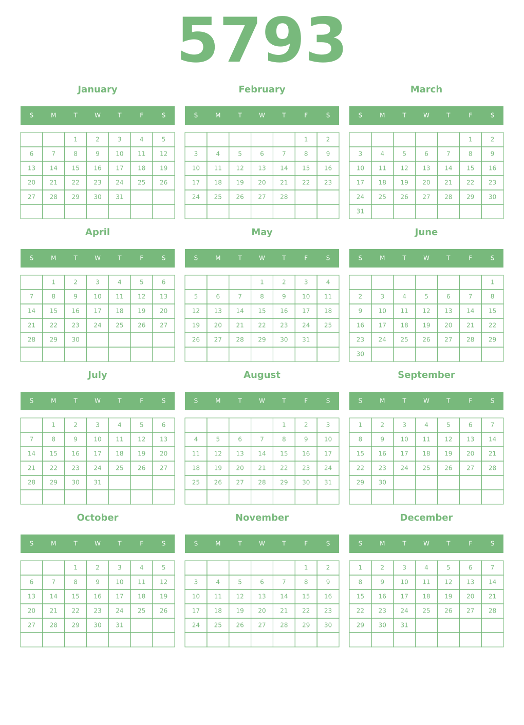 Printable 5793 Year Calendars celadon