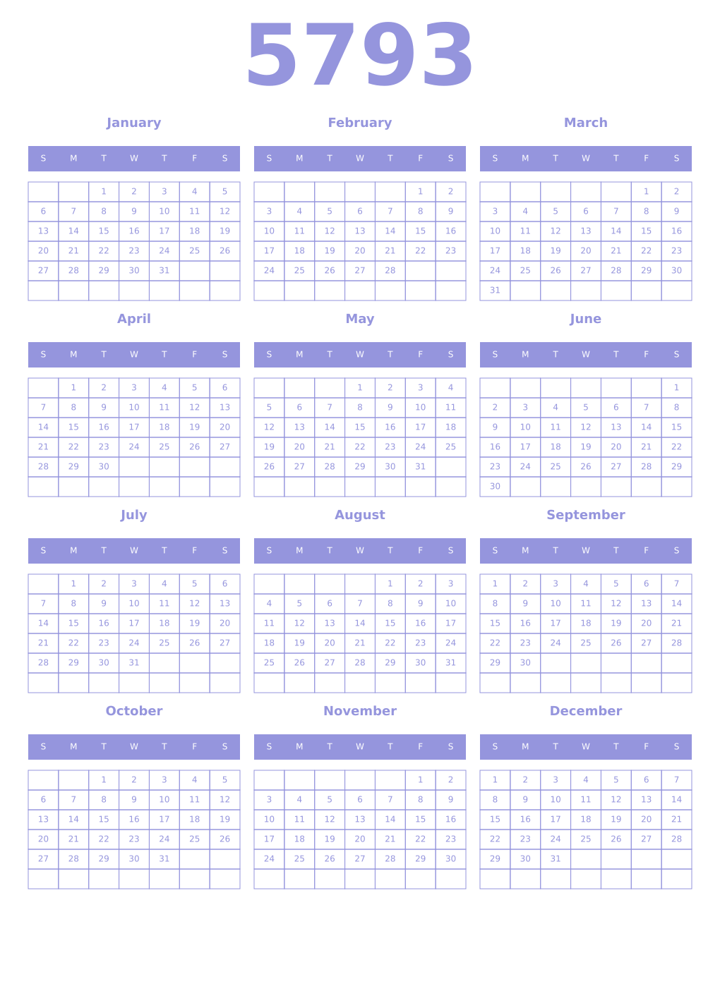 Printable 5793 Year Calendars periwinkle