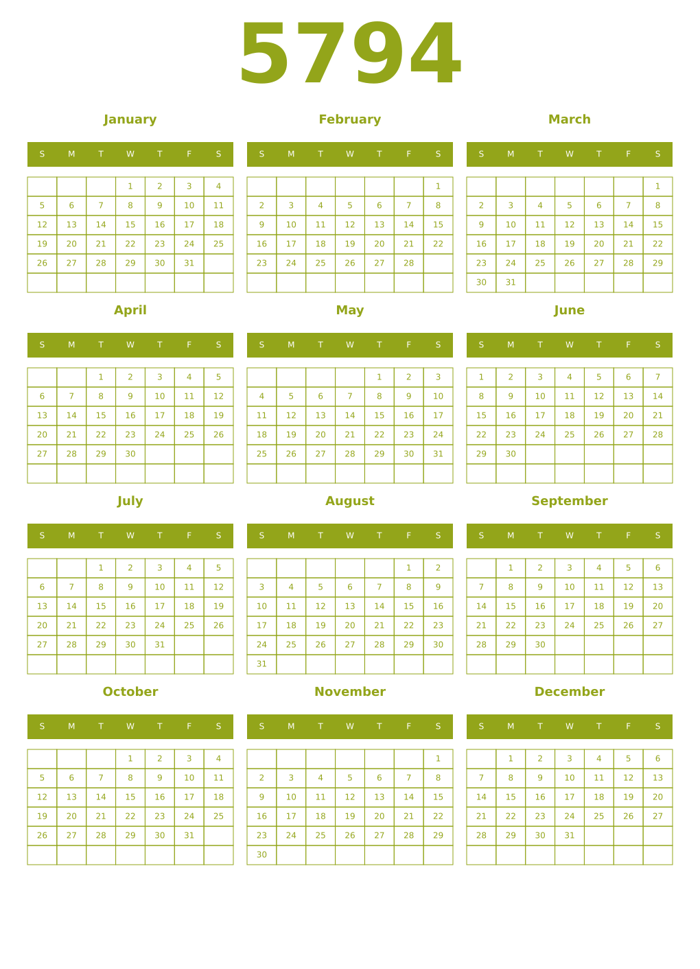 Printable 5794 Year Calendars chartreuse