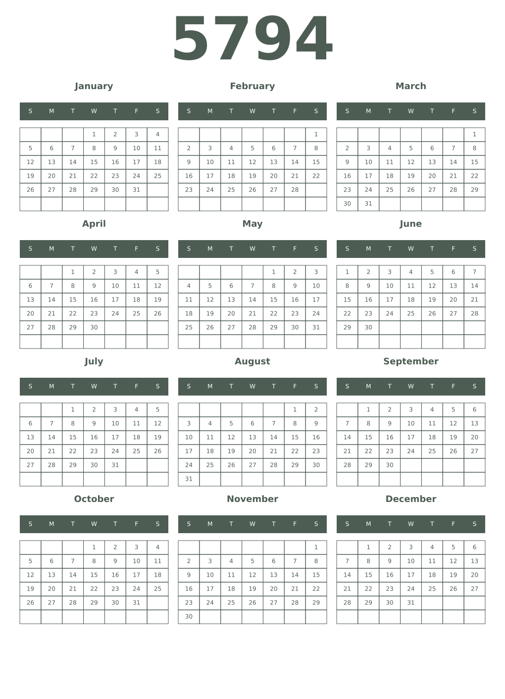 Printable 5794 Year Calendars feldgrau