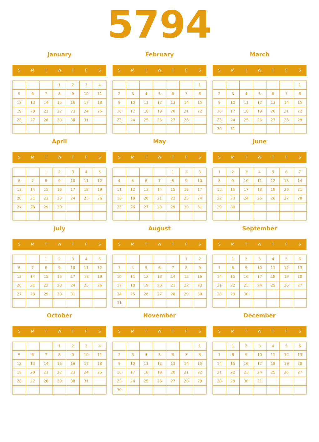 Printable 5794 Year Calendars gamboge