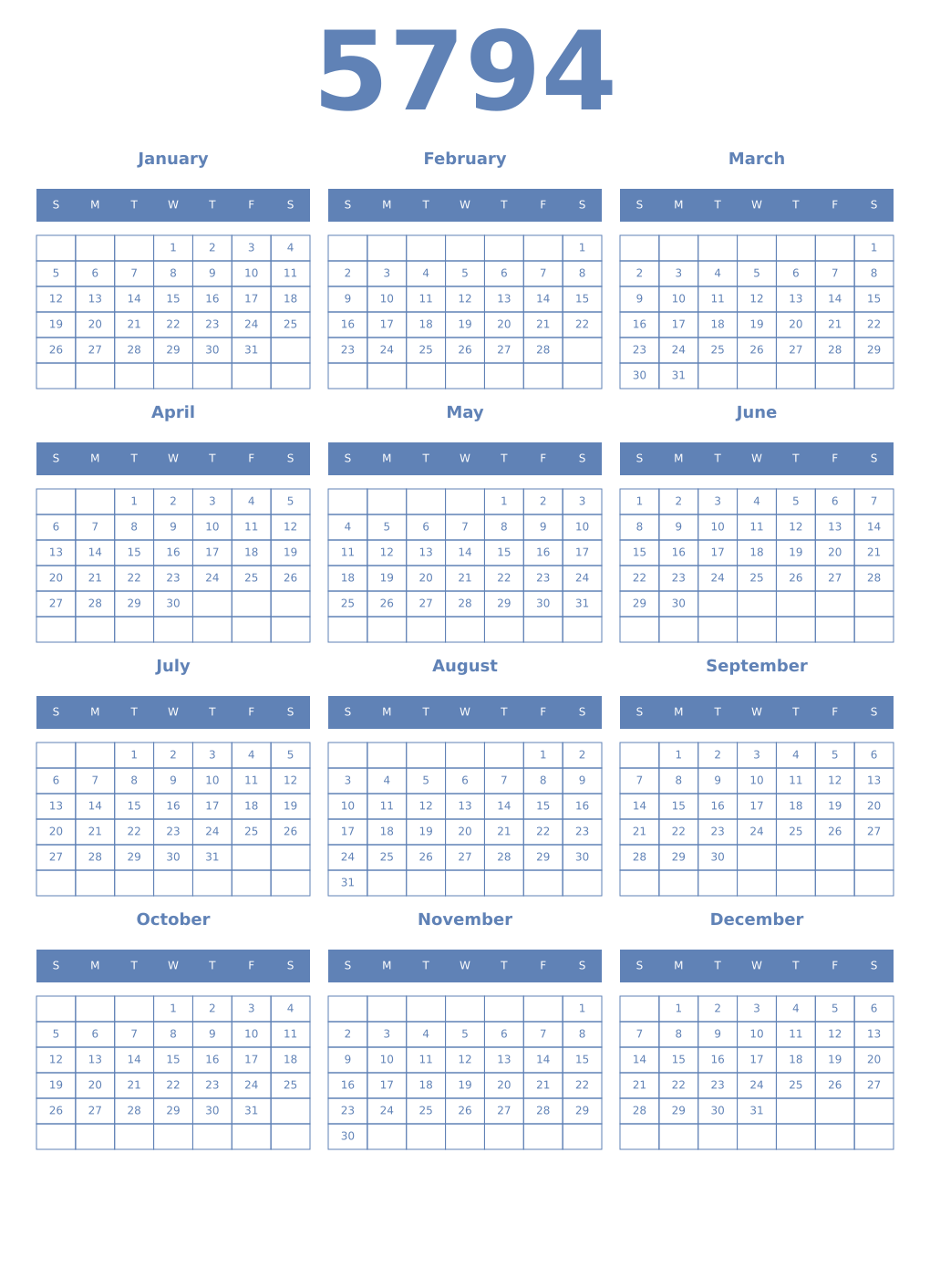 Printable 5794 Year Calendars glaucous